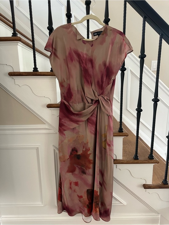 Zara Dresses & Skirts - Zara Mauve & Pink Watercolor Tie-Detail Midi Dress